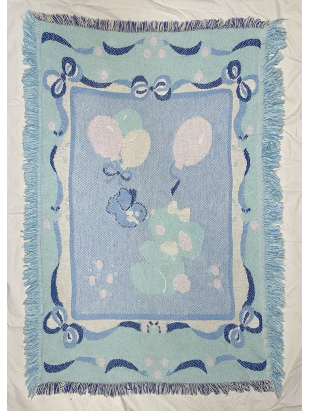 Vtg Baby Blanket Woven Tapestry Bunny Balloons Bird Pastel Cotton Fringe Throw